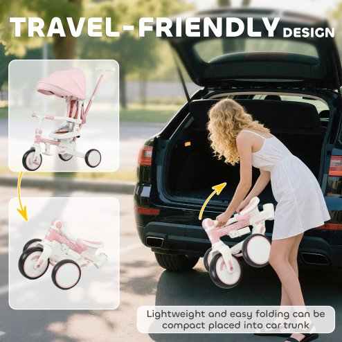 AIYAPLAY Kids Trike, Foldable Toddler Tricycle 5 in 1 with Adjustable Parent Handle & Removable Canopy, 5-point Safety Harness, Footrest, Storage Bag, for Ages 1-3 Years, Pink