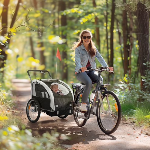 HOMCOM 2 Seat Bike Trailer for Kids, Baby Bike Stroller with 5 Point Harness, Child Bicycle Trailer with Safety Flag, Reflectors, Windproof Curtain, for 18+ Months, Black