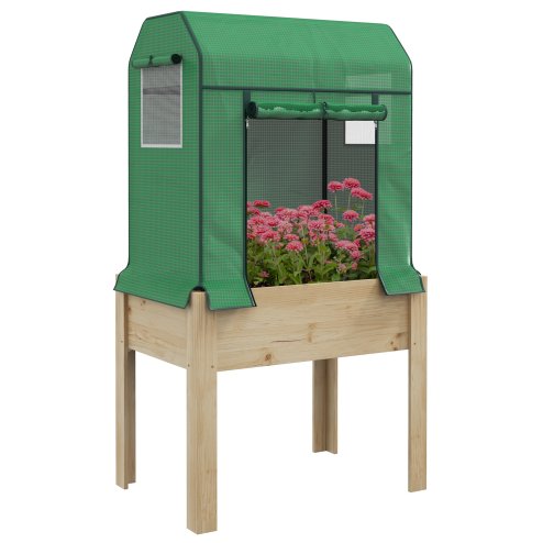 Outsunny Wooden Raised Planter with Plastic Greenhouse Cover and Bed Liner, Elevated Garden Bed for Vegetables, Flowers, Herbs, 86 x 60 x 165cm, Green