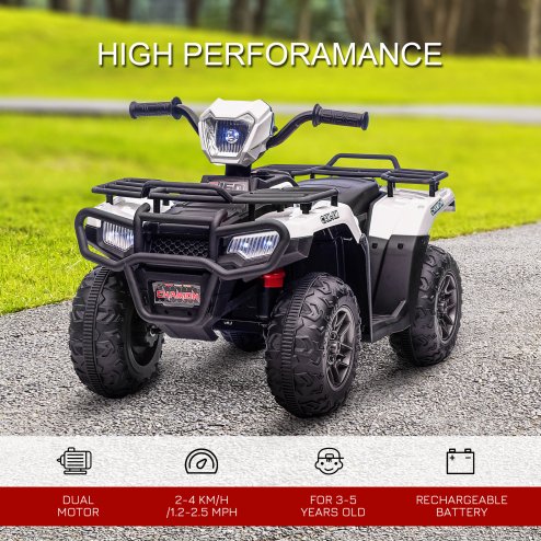 HOMCOM 12V Electric Quad Bike for Kids, Ride-On Car w/ Forward, Reverse Functions, Music, LED Headlights, for Ages 3-5 Years - White