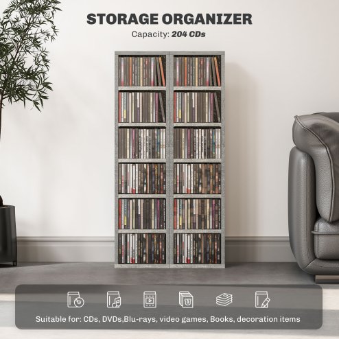 HOMCOM 204 CD Media Display Shelf Unit Set of 2 Blu-Ray Tower Rack w/ Adjustable Shelves Bookcase Storage Organiser, Cement Grey