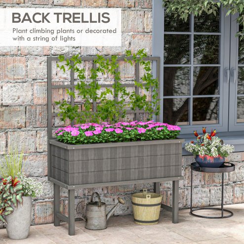 Outsunny Wooden Raised Planter with Trellis for Vine Climbing Plants, Elevated Garden Bed with Drainage Holes and Bed Liner for Vegetables, Flowers, Herbs, 105 x 45 x 140cm, Grey