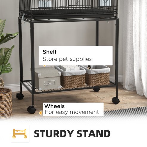 PawHut 2 Tier Bird Cage, Budgie Cage with Stand, Swing, Rope, Ladder, Wheels, Shelf, Tray, Perches, Food Containers, for Canaries, Lovebirds, Finches