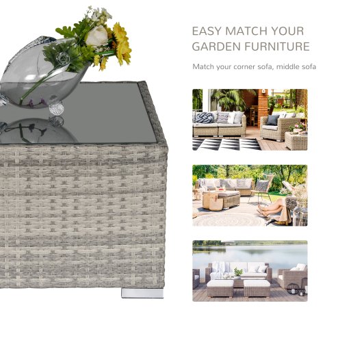 Outsunny Rattan Garden Coffee Table, 65 cm Square Garden Rattan Table with Tempered Glass Top, All-Weather Wicker Bistro Outdoor Furniture for Patio, Balcony, Porc, Grey
