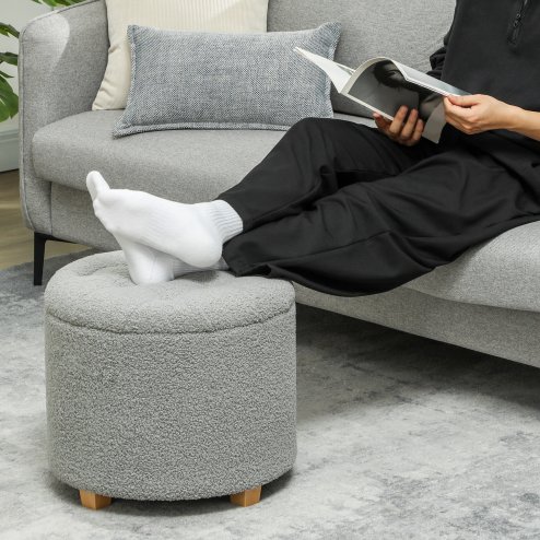 HOMCOM 45cm Round Storage Ottoman, Teddy Fleece Footstool with Removable Lid and Wood Legs, Button Tufted Vanity Stool for Living Room Bedroom Hallway