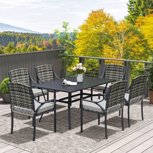 Outsunny Rattan Garden Furniture Set with Cushions, 6 Seater Rattan Dining Set with 6 Armchairs, 150 x 96cm Rectangular Table, Umbrella Hole, for Outdoor, Patio, Balcony, Terrace, Conservatory