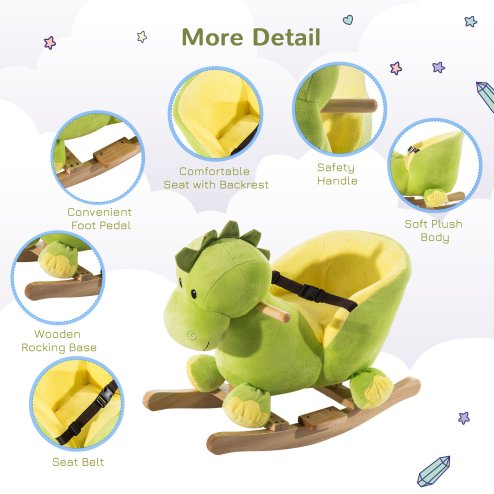 HOMCOM Kids Rocking Horse, Plush Ride-On Dinosaur Seat w/ Safety Belt, 32 Songs, Ride-On Horses Toy, for Ages 18+ Months - Green
