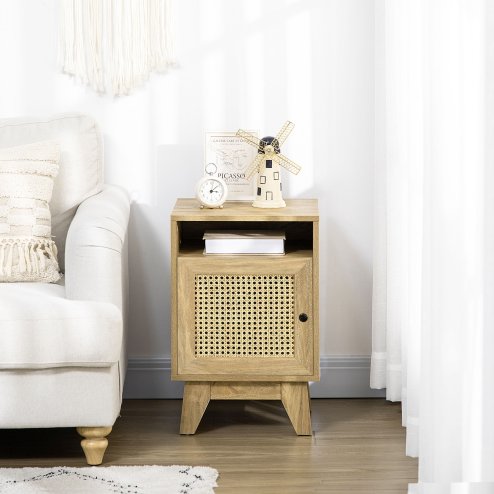 HOMCOM Bedside Table Nightstand with Storage Shelf and Door Cupboard, Side End Table with  Rattan Element for Living Room, Bedroom, Natural