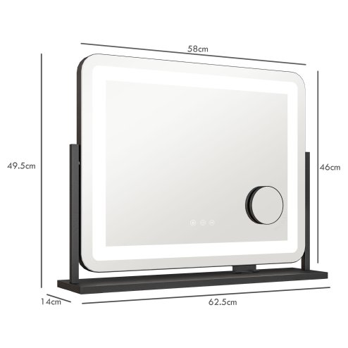 HOMCOM Vanity Mirror with Lights, 63x50 cm Lighted Makeup Mirror with 3 Colour Lighting Modes, 10X Magnifying, USB Charging Port, Phone Holder, 360 Degree Rotation, Touch Screen, for Dressing Table