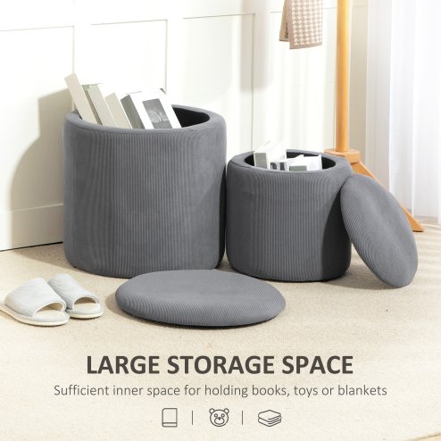 HOMCOM Set of 2 Round Ottoman with Storage, Fabric Vanity Stool for Makeup, Footrest Stool with Removable Lid for Living Room & Bedroom