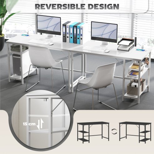 HOMCOM Computer Desk with Power Outlets, 120 x 60 cm Home Office Desk with Reversible Storage Shelves and Headphone Hook, Study Table Workstation for Bedroom, White
