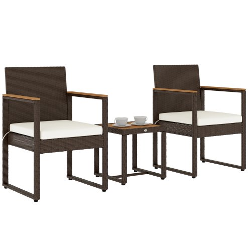 Outsunny 3-Piece Rattan Bistro Set, Patio Table and Chairs Set with Removable Cushions, Rattan Conversation Set with Acacia Wood Table & Adjustable Foot Pads for Garden Balcony, White