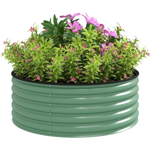 Outsunny Galvanised Raised Garden Bed with Safety Edging, Outdoor Raised Planter Box with Gloves and Open Bottom, Metal Raised Bed for Flowers, Vegetables and Herbs, 120 x 120 x 43cm, Light Green