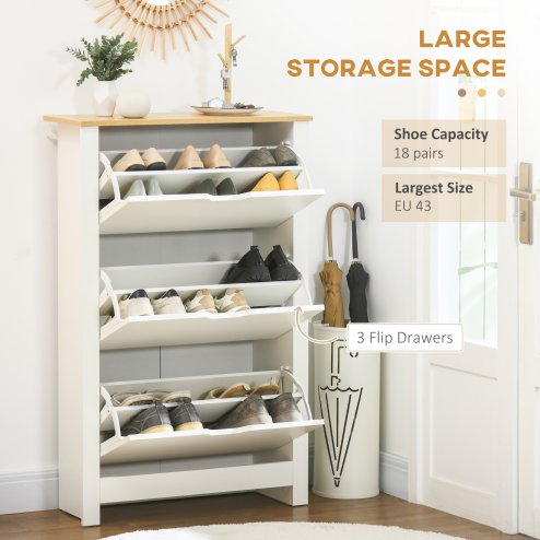 HOMCOM Narrow Shoe Cabinet, Space Saving Shoe Storage Cabinet with 3 Flip Drawers and Adjustable Shelves for 18 Pairs of Shoes for Hallways and Living Room, White
