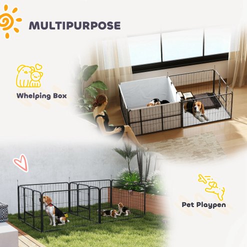 PawHut Whelping Box for Dogs, Puppies, 7 Panel Dog Playpen with Two Rooms, Washable Whelping Pads, Water-Resistant Oxford Fabric, Two Doors, for Small and Medium Dogs