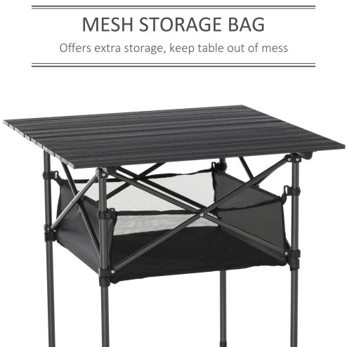Outsunny 70cm Aluminum Roll-Top Table w/Mesh Bag Camping Outdoor Dining Foldable w/Steel Frame Picnic Lightweight Hiking Furniture Desk, Black
