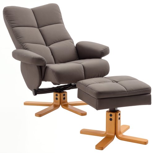 HOMCOM Recliner Armchair, Swivel Reclining Chair With Ottoman, Swivel Faux Leather Chair with Wooden Base and Storage Footstool for Living Room, Brown