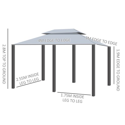 Outsunny 4m x 3(m)Garden Gazebo, Double Roof Outdoor Gazebo Canopy Shelter with Curtains, Solid Steel Frame for Patio, Garden