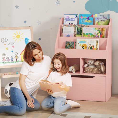 HOMCOM Kids Bookshelf with Storage Drawer, Children's Bookcase with Wheels, Toy Organiser for Bedroom, Playroom - Pink