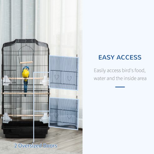 PawHut Bird Cage with Perches, Food Bowls, Swing, Parrot Cage for Budgie, Parakeet, Small Bird, 46.5 x 35.5 x 92cm, Black