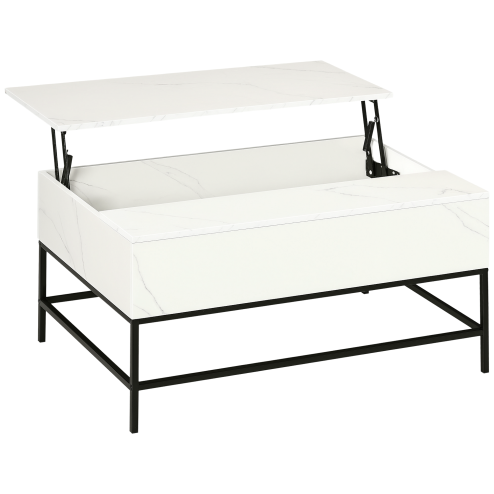HOMCOM Lift Top Coffee Table, Lifting Coffee Table with Hidden Storage Compartment and Metal Legs, for Living Room, Faux Marble White