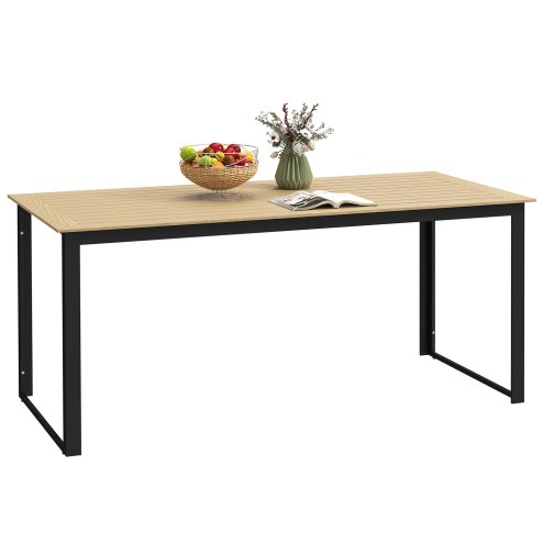 Outsunny Garden Table for 6 People, 175 x 78 x 75 cm Rectangle Outdoor Dining Table with Slatted Top, Metal Frame, for Balcony, Deck, Teak