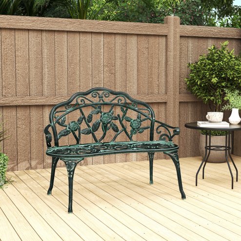 Outsunny 2 Seater Garden Bench, Cast Aluminium Outdoor Garden Loveseat, Antique Rose Style Outdoor Bench Seat with Back and Armrests for Patio, Porch, Park, Green