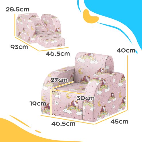 AIYAPLAY Kids Armchair, 2 in 1 Foldable Toddler Chair, Soft Snuggle Sponge Filled Recliner, for Bedroom Playroom Living Room, for Boys & Girls 18 Months to 3 Years - Pink