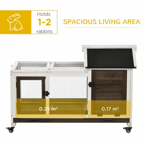 PawHut Wooden Rabbit Hutch with Wheels, Guinea Pig Cage, Small Animal House for Outdoor & Indoor with Slide-out Tray, 108 x 58 x 73.5cm, Brown