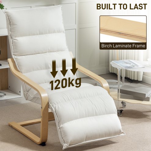 HOMCOM Birch Wood Lounge Chair, Upholstered Recliner Lounge Seat with Adjustable Footrest, Modern Armchair for Living Room, Bedroom, Balcony, Office, Cream White