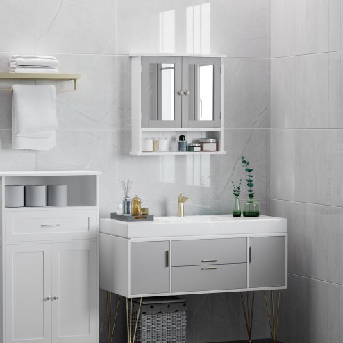 kleankin Mirror Cabinet Wall Mounted with Double Mirrored Doors, Hanging Cabinet with Cupboard and Shelf, Bathroom Wall Storage Organiser