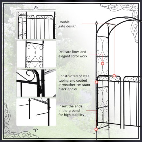 Outsunny Garden Decorative Metal Arch with Gate Outdoor Patio Trellis Arbor for Climbing Plant Archway Antique Black - 108L x 45W x 215Hcm