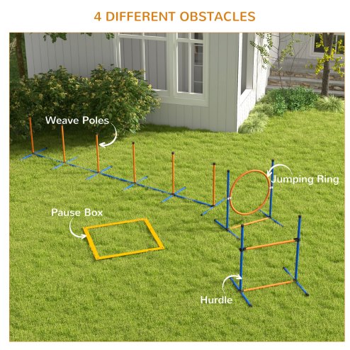 PawHut Dog Agility Equipment Set, 8 Piece Outdoor Agility Kit w/ Weave Poles, Adjustable High Jump Ring, Hurdle, Pause Box, Tennis Balls, Whistle, Training Shorts, Carrying Bag, for Dogs - Orange