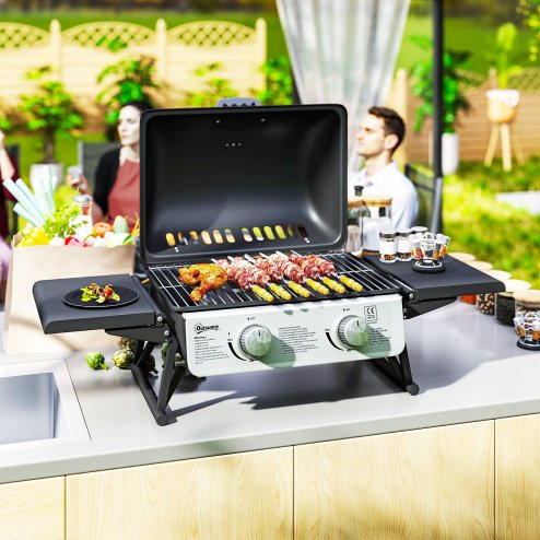 Outsunny 2 Burner Gas BBQ Grill with Foldable Side Tables, Portable Tabletop Gas Barbecue Grill with Built-in Thermometer, Lid, Grease Tray for Garden Party Camping Picnic Outdoor Cooking 5.6KW, Black