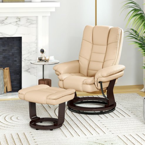 HOMCOM Recliner Chair With footstool, Recliner Armchair up to 130kg Weight Capacity, 135 Reclining Swivel Sofa Chair, PU Leather Ergonomic Couch Bed with Swivel Wood Base for Living Room, Beige