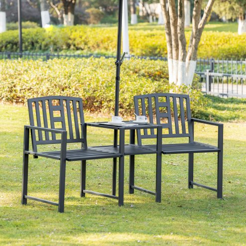 Outsunny Patio Tete-a-tete Chair 2 Seat Bench Middle Coffee Table w/ Umbrella Hole for Outdoors Decorative Slatted Design Steel Frame Black