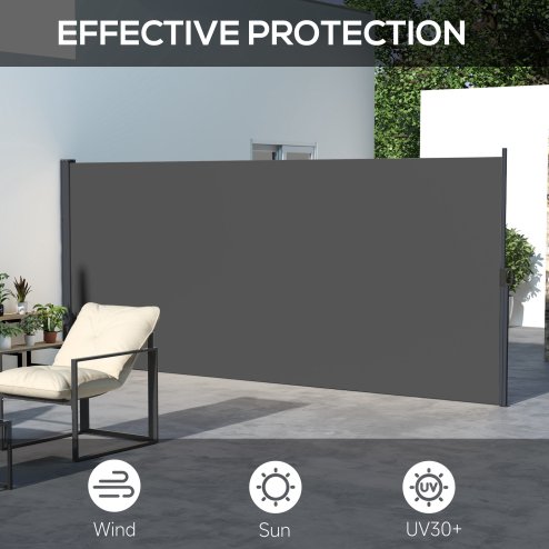 Outsunny Retractable Side Awning, Garden Privacy Screen Divider, Full Cassette Wind Breaker for Hot Tub, Balcony, Terrace, Pool, 400 x 180cm, Dark Grey