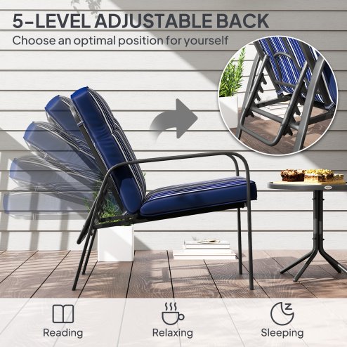 Outsunny 3-Piece Patio Bistro Set, 5-Position Adjustable Recliner Garden Chairs and Tempered Glass Table, Garden Furniture Set with Cushions, High Back, Armrests, Metal Frame for Balcony Patio, Blue