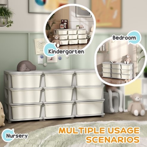 HOMCOM Kids Storage Units with 9 Drawers 3 Tier Chest Vertical Dresser Tower Toy Organiser for Nursery Playroom Kindergarten Cream