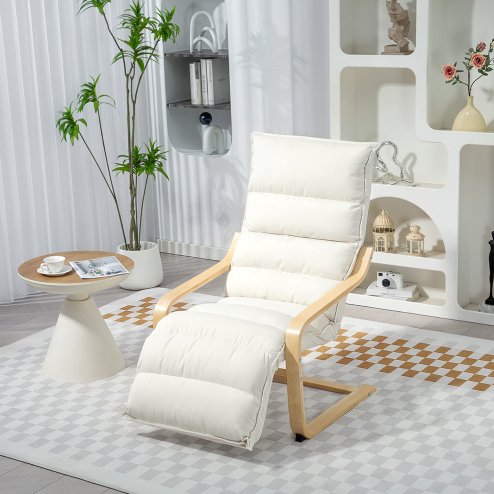 HOMCOM Birch Wood Lounge Chair, Upholstered Recliner Lounge Seat with Adjustable Footrest, Modern Armchair for Living Room, Bedroom, Balcony, Office, Cream White