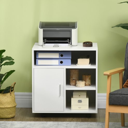 HOMCOM Multi-Storage Printer Stand Unit Office Desk Side Mobile Storage w/ Wheels Modern Style 60L x 50W x 65.5H cm - White