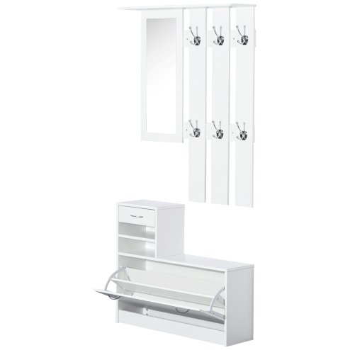 HOMCOM 2PC Shoes Storage Chest Cloths Rack Unit w/Mirror Multiple Shelves Large Storage Capacity Shoes Cabinet 6 Hooks Cloth Rack