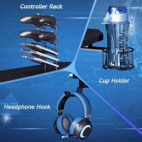HOMCOM RGB 120 x 66cm Gaming Desk, Computer Table with Carbon Fibre Surface, Headphone Hook, Cup Holder, Controller Rack, Home Office Desk