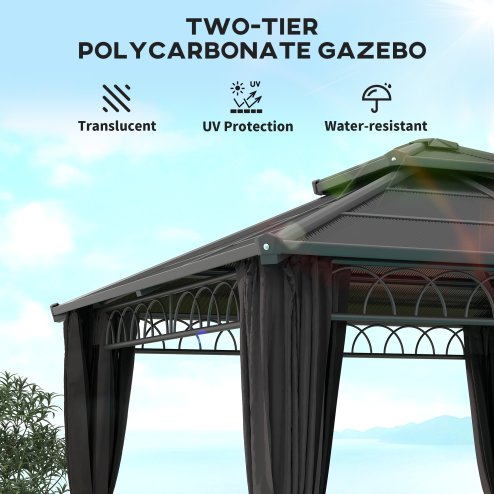 Outsunny 3 x 3 (m) Outdoor Polycarbonate Gazebo, Double Roof Hard Top Gazebo with Galvanised Steel Frame, Nettings& Curtains for Garden, Lawn, Patio and Deck, Dark Grey