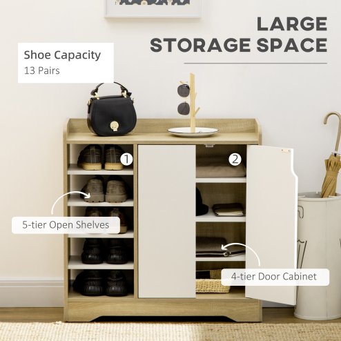 HOMCOM Shoe Cabinet with 4-tier Double Door Cupboard and 5-tier Open Shelves, 13 Pair Shoe Storage Organizer with Removable Shelves for Entryway, Hallway, Natural and White