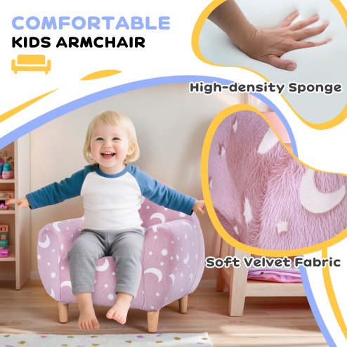 AIYAPLAY Kids Armchair, Glow in the Dark Single Chair with Star Design, Upholstered Toddler Tub Chair for Bedroom, Playroom, Kid Room, Pink