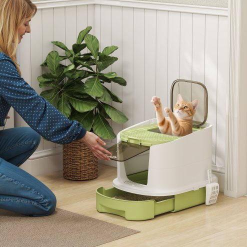 PawHut Cat Litter Tray with Lid, Cat Litter Box with Deodorisation Bags, Scoop, Top Entry, Litter Tray with Drawer Pan, Green