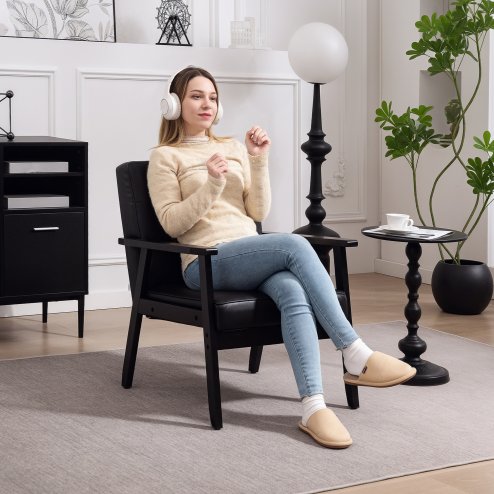 HOMCOM Armchair, PU Leather Accent Chair, Occasional Chair with Rubber wood Frame for Living Room, Reception, Bedroom, Balcony, Black