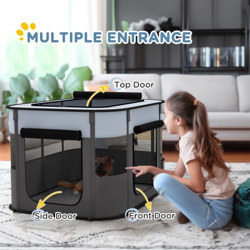 PawHut Dog Pen, Pet Playpen, Portable Foldable Dog Cat Playpen Soft Pet Cage with Storage Bag for Puppies, Rabbits, Kittens, Guinea Pigs, 94 x 74 x 60cm - Grey