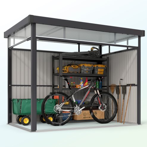 Outsunny 5.3 x 8.5ft Galvanised Steel Garden Shed, Metal Shed with Roof Windows, Leakage Holes and Lockable Wide Door for Outdoor Patio Tool Storage